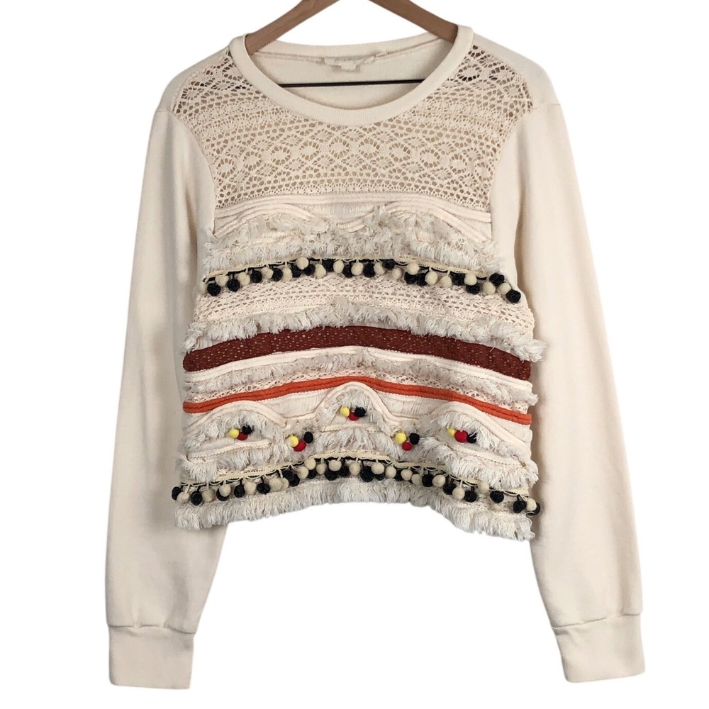 Anthropologie Forever That Girl Embellished Boho‎ Pom Pom Fringe Sweatshirt Sz L